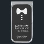 Fun Father of the Bride White Tie Tuxedo Wedding Silver Finish Money Clip<br><div class="desc">These fun money clips are designed as a gift or favor for the father of the bride. They feature a fun design of a white bow tie with three white buttons over a black background, resembling a tuxedo. The text reads "Father of the Bride" and has a place to enter...</div>
