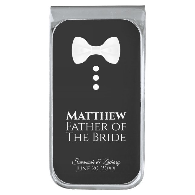 Fun Father of the Bride White Tie Tuxedo Wedding Silver Finish Money Clip (Front Vertical)