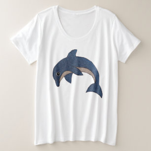 Fun Faux Glitter Dark Blue White Jumping Dolphin Plus Size T-Shirt