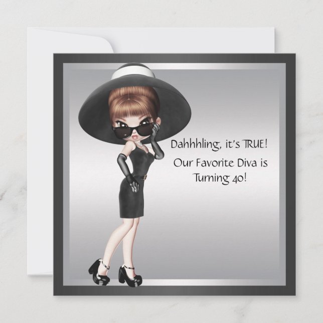 Fun Favorite Diva Womans Black 40th Birthday Invitation (Front)
