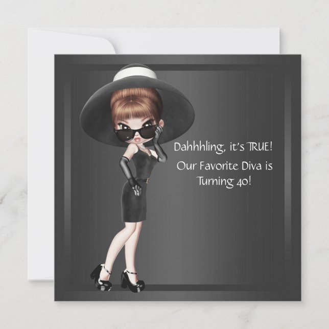 Fun Favorite Diva Womans Black 40th Birthday Party Invitation (Front)