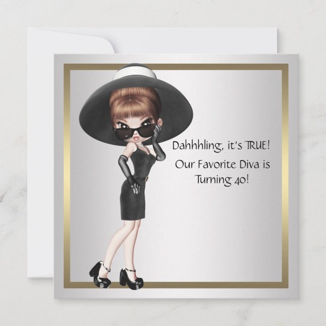 Fun Favorite Diva Womans Black 40th Birthday Party Invitation (Front)