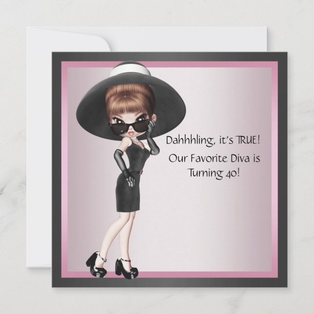 Fun Favorite Diva Womans Pink Black 40th Birthday Invitation (Front)