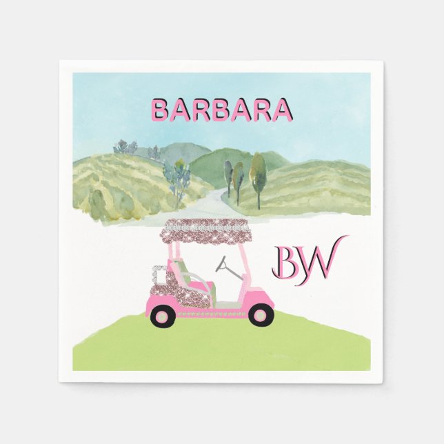 Fun Fem Golf Cart Scenic Custom Monogram Name Napkins (Front)