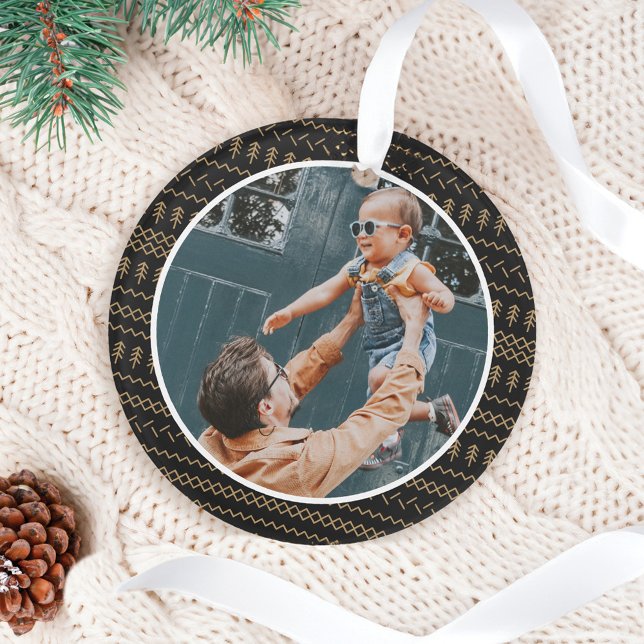Fun Festive Black Knitted Stitched Pattern Photo Ornament (Fun Festive Black Knitted Stitched Pattern Photo Ornament)