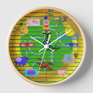 Fun Festive Blue Red Aviation Plane on Gold Rings Clock