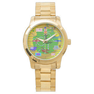 Fun Festive Blue Red Aviation Plane on Gold Rings Watch