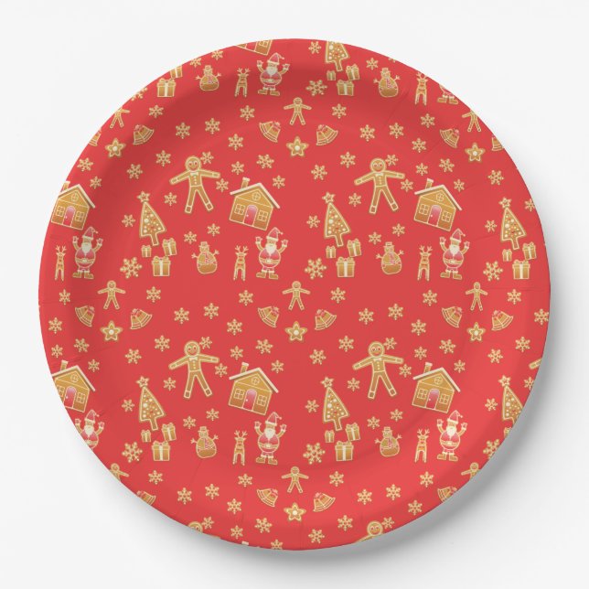 Fun Festive Christmas Gingerbread Village Pattern Paper Plates (Front)