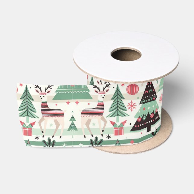 Fun Festive Christmas Reindeer Green Satin Ribbon (Spool)
