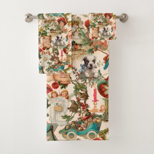 Fun Festive  Colorful Vintage Christmas Ephemera Bath Towel Set