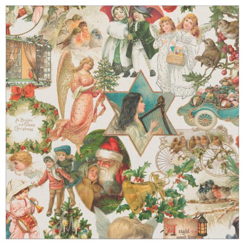 Fun Festive  Colorful Vintage Christmas Ephemera Fabric
