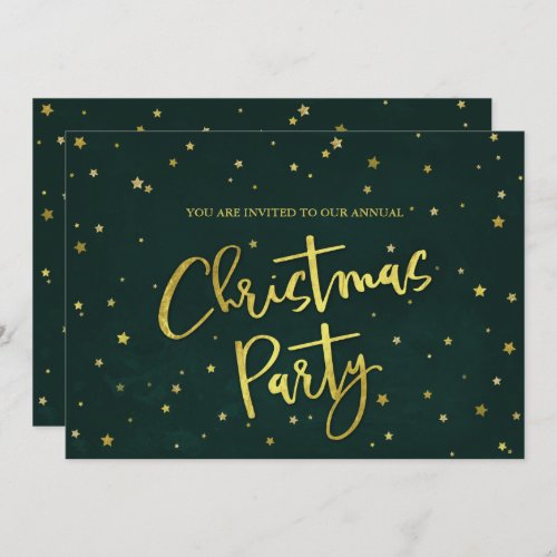 Fun Festive Green  Gold Stars Christmas Party Invitation