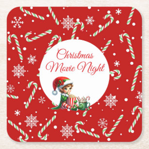 Fun Festive Movie Night Christmas Party  Square Paper Coaster