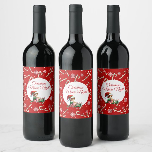 Fun Festive Movie Night Christmas Party Wine Label (Bottles)