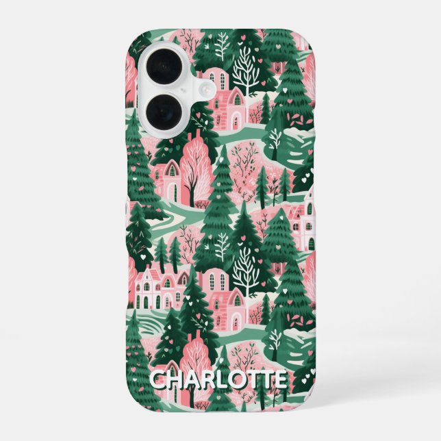 Fun Festive Pink & Green Preppy Xmas Pattern iPhone Case (Back)