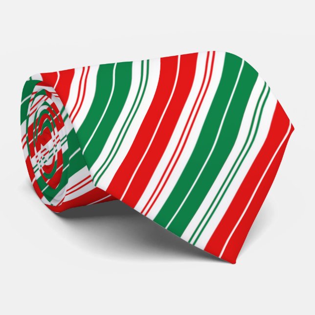 Fun festive red green candy cane stripes neck tie (Rolled)