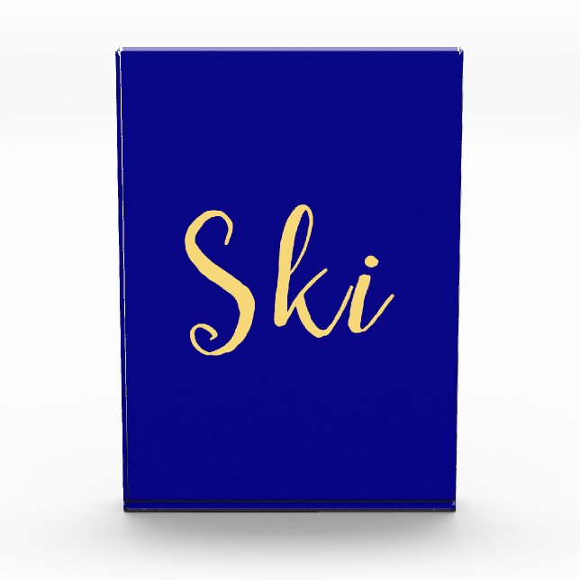 Fun Festive SKI Script Text Royal Blue Background Photo Block (Front)