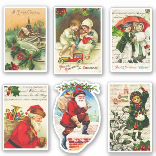 Fun Festive Vintage Christmas Cards Santa Kids Sticker