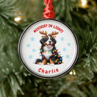 Fun Festive Watercolor Bernese Snowflakes Dog Metal Ornament