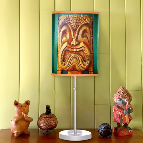 Fun fierce vintage retro wood tiki face photo table lamp