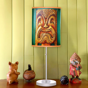 Fun, fierce, vintage retro wood tiki face photo table lamp
