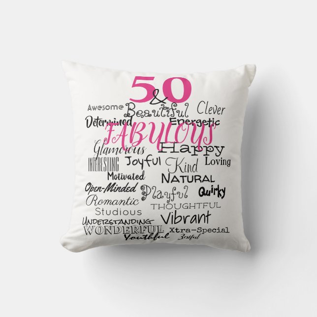 Fun Fifty & Fabulous Typography A to Z Pink Black Throw Pillow (Front)