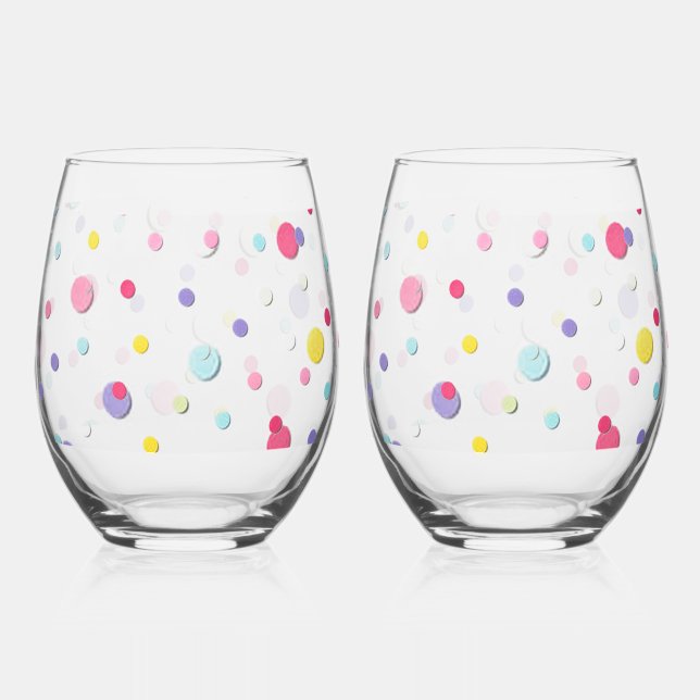 Fun Filled Colorful Polka Dot Print  Stemless Wine Glass (Front)