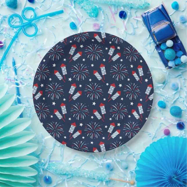 Fun Fireworks 4th July Red White Blue Paper Plates (Party)