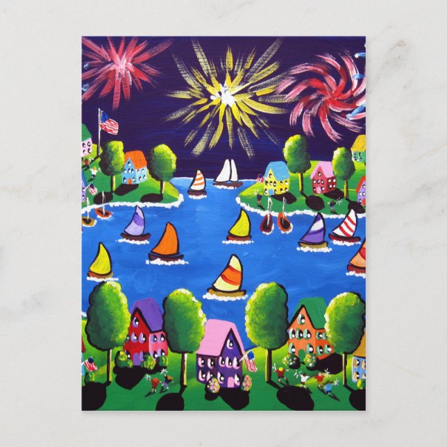 Fun Fireworks 4th Of July Folk Art Postcard (Front)