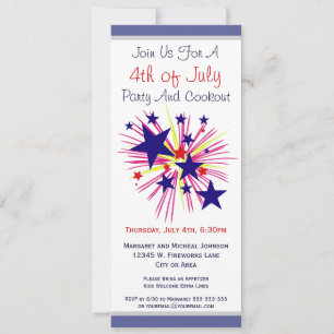 Fun Fireworks and Stars on White 4th of July Party Invitation