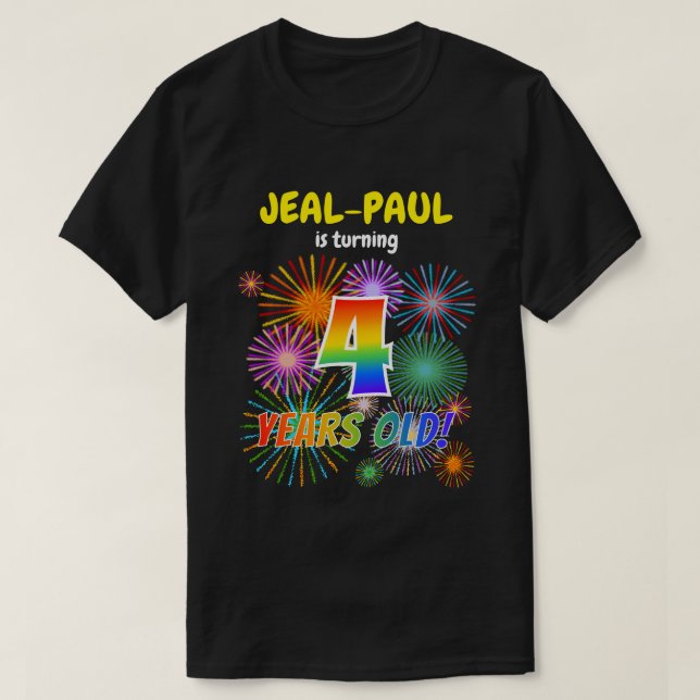Fun Fireworks, Rainbow Look "4", 4th Birthday T-Shirt (Design Front)