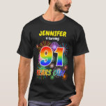 [ Thumbnail: Fun Fireworks, Rainbow Look "91", 91st Birthday T-Shirt ]