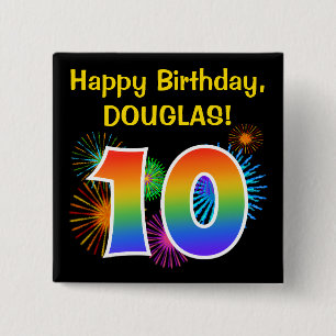Fun Fireworks + Rainbow Pattern "10" Birthday # Button