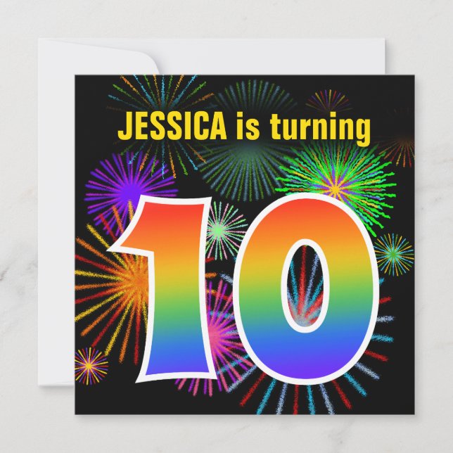 Fun Fireworks + Rainbow Pattern "10" Birthday # Invitation (Front)