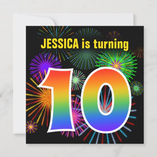 Fun Fireworks  Rainbow Pattern 10 Birthday  Invitation