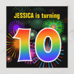 [ Thumbnail: Fun Fireworks + Rainbow Pattern "10" Birthday # Invitation ]