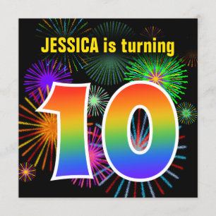 Fun Fireworks + Rainbow Pattern "10" Birthday # Invitation