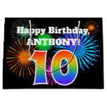 [ Thumbnail: Fun Fireworks + Rainbow Pattern "10" Birthday # Gift Bag ]