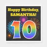 [ Thumbnail: Fun Fireworks + Rainbow Pattern "10" Birthday # Napkins ]