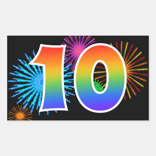 Fun Fireworks + Rainbow Pattern "10" Event Number Rectangular Sticker (Front)