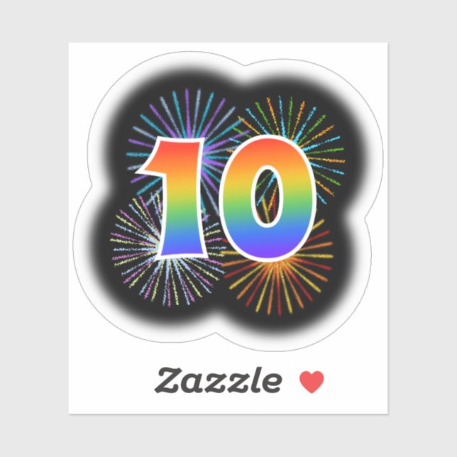 Fun Fireworks + Rainbow Pattern "10" Event # Sticker (Sheet)