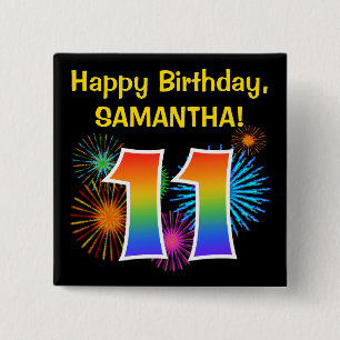 Fun Fireworks + Rainbow Pattern "11" Birthday # Button