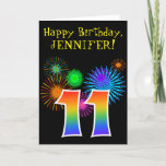 [ Thumbnail: Fun Fireworks + Rainbow Pattern "11" Birthday # Card ]