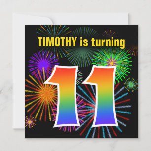 Fun Fireworks + Rainbow Pattern "11" Birthday # Invitation