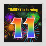 [ Thumbnail: Fun Fireworks + Rainbow Pattern "11" Birthday # Invitation ]