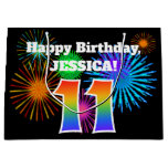 [ Thumbnail: Fun Fireworks + Rainbow Pattern "11" Birthday # Gift Bag ]