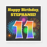 [ Thumbnail: Fun Fireworks + Rainbow Pattern "11" Birthday # Napkins ]