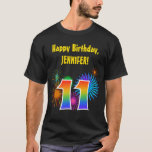 [ Thumbnail: Fun Fireworks + Rainbow Pattern "11" Birthday # T-Shirt ]