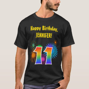 Fun Fireworks + Rainbow Pattern "11" Birthday # T-Shirt