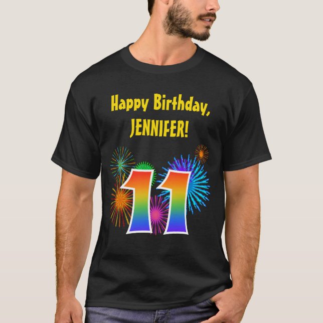 Fun Fireworks + Rainbow Pattern "11" Birthday # T-Shirt (Front)